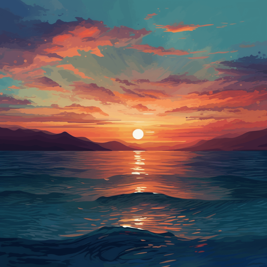 A choppy river going into a sunset