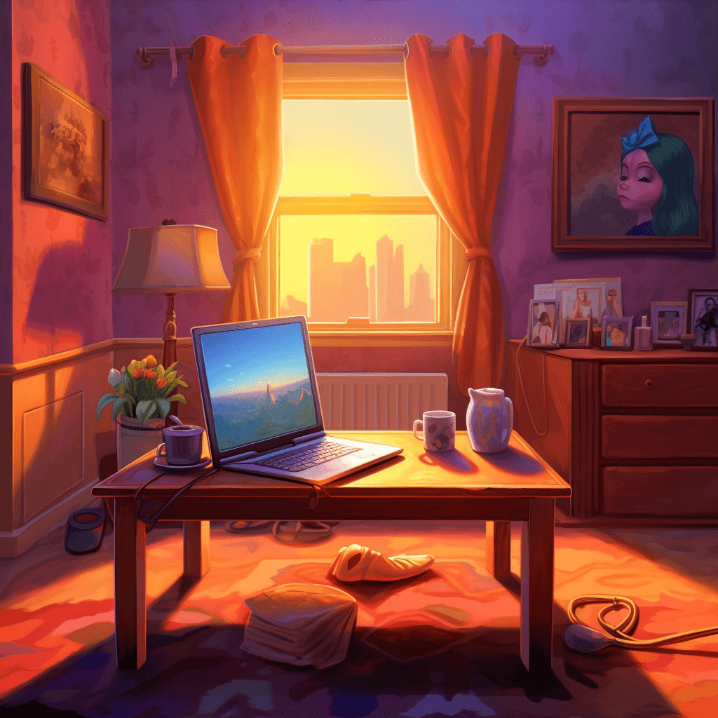 A comfortable house, slightly untidy with a computer in the midle